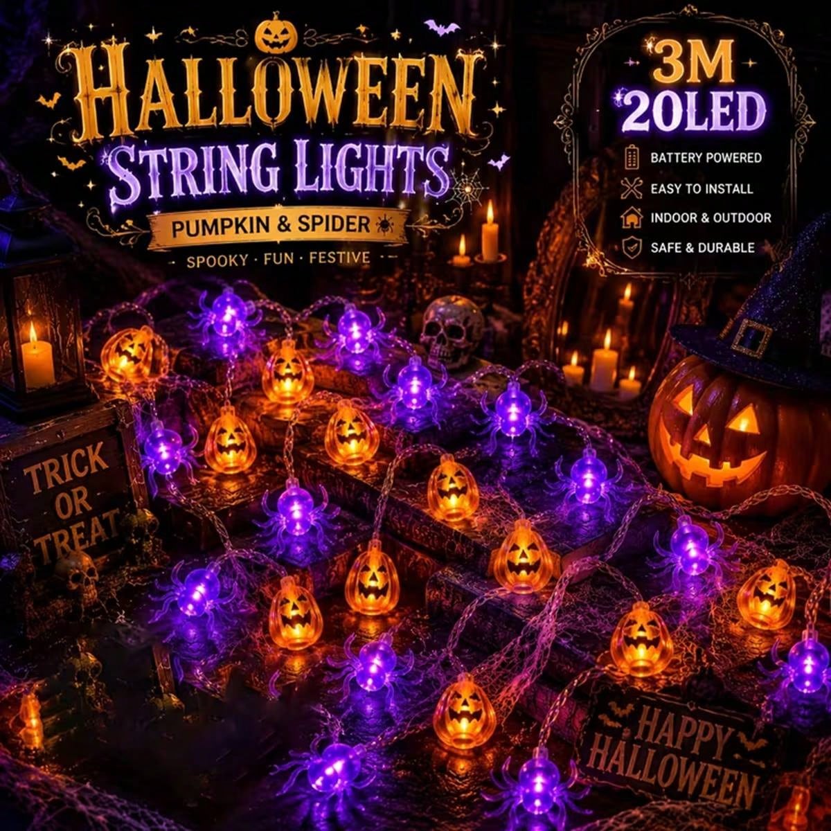 Outdoor Power House - 1PC Halloween Pumpkin 10/20 LED String
